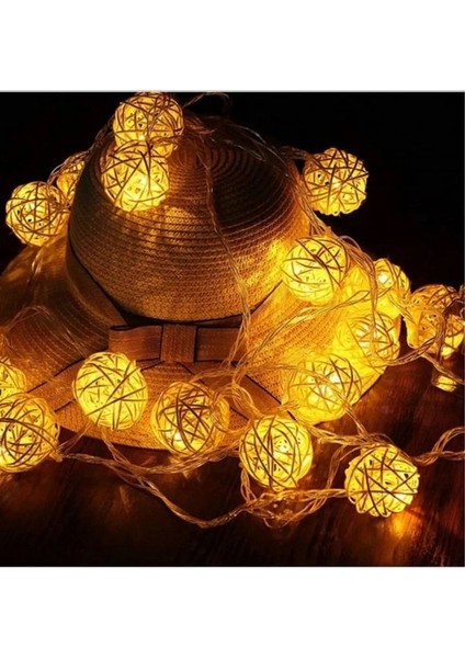 Rattan 20 Top LED Işık 2 mt - 20 Adet Örgü Işık Topu Pilli 2 Metre Gün Işığı 2 Kademe