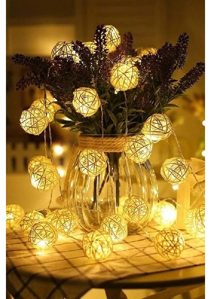 Rattan 20 Top LED Işık 2 mt - 20 Adet Örgü Işık Topu Pilli 2 Metre Gün Işığı 2 Kademe