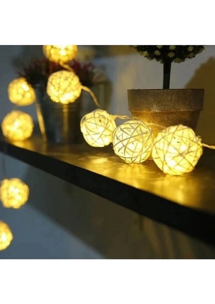 Rattan 20 Top LED Işık 2 mt - 20 Adet Örgü Işık Topu Pilli 2 Metre Gün Işığı 2 Kademe