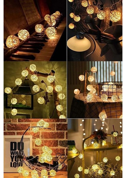 Rattan 20 Top LED Işık 2 mt - 20 Adet Örgü Işık Topu Pilli 2 Metre Gün Işığı 2 Kademe