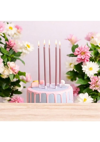 Rose Gold Ince Uzun Mum 6 Adet 16 cm
