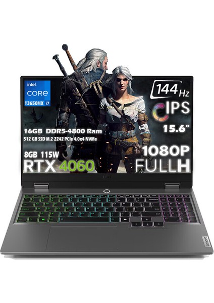 LOQ 15IRX9 Intel Core i7 13650HX 16GB Ddr5 Ram 512GB SSD RTX 4060 8GB (115W) 15.6" FHD 144Hz IPS Panel Freedos Taşınabilir Bilgisayar 83DV011HTRN1