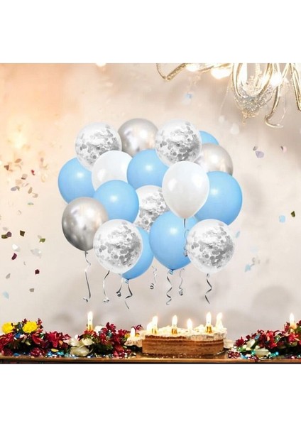 15LI Gümüş Konfetili 5 Şeffaf Balon 5 Makaron Mavi 5 Metalik Gri Balon Seti