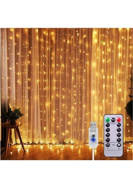 Perde LED 3 x 3M Askı Aparatlı Kumandalı 8 Fonksıyonlu 300 Ledli 10 Sarkıtlı USB Girişli