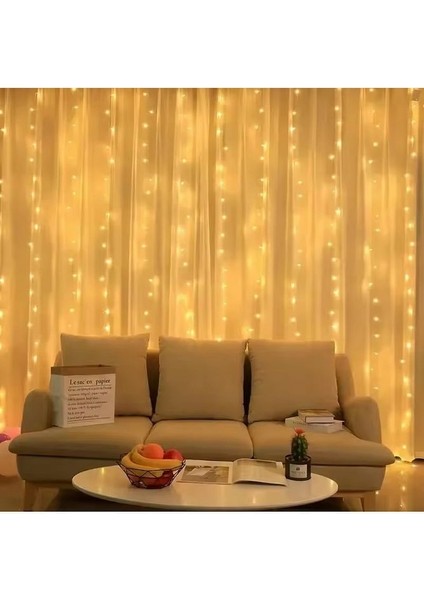 Perde LED 3 x 3M Askı Aparatlı Kumandalı 8 Fonksıyonlu 300 Ledli 10 Sarkıtlı USB Girişli