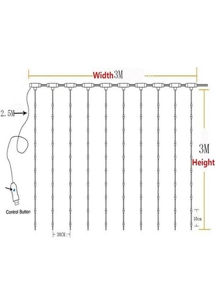 Perde LED 3 x 3M Askı Aparatlı Kumandalı 8 Fonksıyonlu 300 Ledli 10 Sarkıtlı USB Girişli