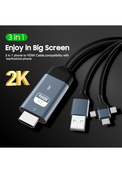G03-C Combo 3in1 Lightning/micro Usb/type-C To HDMI Ios Android Görüntü Aktarıcı Kabloı 2 Metre