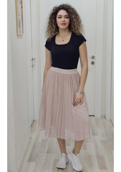 Beli Lastikli Pliseli Etek 6018-PUDRA