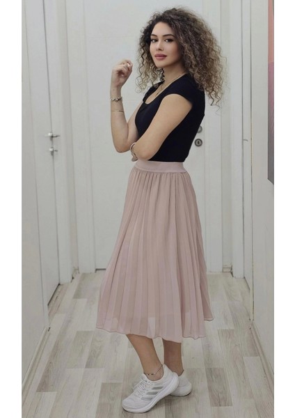 Beli Lastikli Pliseli Etek 6018-PUDRA modelleri