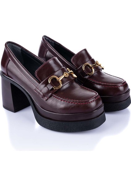 Janset Kadın Bordo Topuklu Loafer Ayakkabı