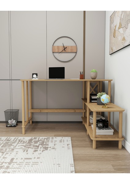 TAVALO Çalışma Masası – 125x65 cm, 120cm Etejerli & 2 Raflı, Ahşap Ayaklı, MDF, Modern ve İşlevsel Tasarım