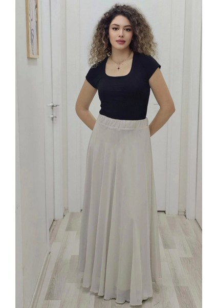 Bel Lastikli Kloş Şifon Etek 6003-TAŞ