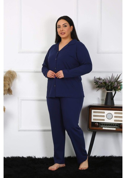 Kadın Büyük Beden Pamuklu Cepli Düğmeli Lacivert Pijama Takım 202401