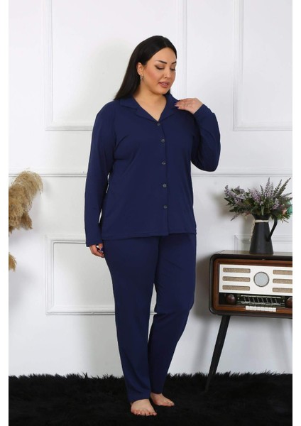 Kadın Büyük Beden Pamuklu Cepli Düğmeli Lacivert Pijama Takım 202401 modelleri