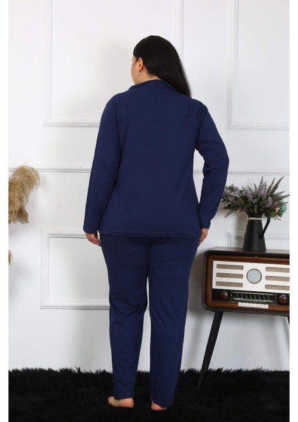 Kadın Büyük Beden Pamuklu Cepli Düğmeli Lacivert Pijama Takım 202401 fırsatları