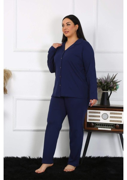 Kadın Büyük Beden Pamuklu Cepli Düğmeli Lacivert Pijama Takım 202401 indirimleri