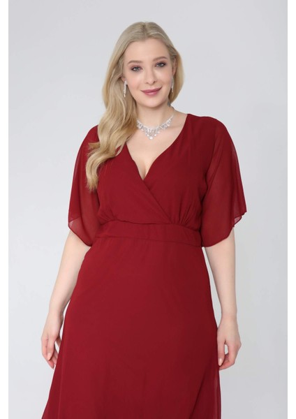 Angelino Büyük Beden Şifon Altı Pileli Kruvaze Yaka Elbise KL7713