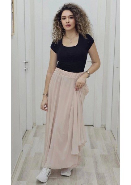 Bel Lastikli Kloş Şifon Etek 6003-PUDRA
