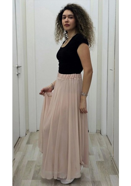 Bel Lastikli Kloş Şifon Etek 6003-PUDRA modelleri