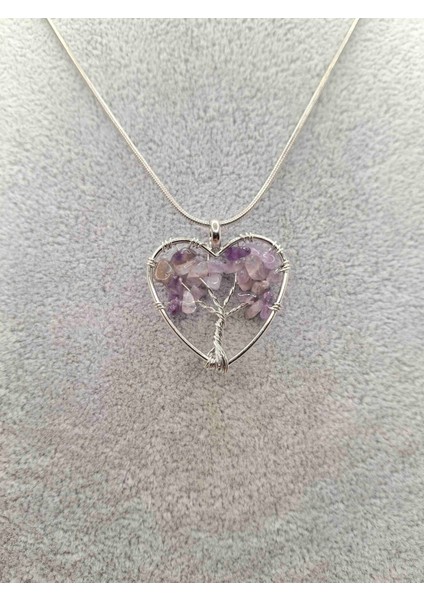 Kalp Hayat Ağacı Model Çelik Zincirli Ametist Doğal Taş Kolye fiyatları