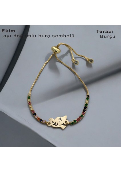 14 Ayar Altın Plakalı Kuş Motifli ve Renkli Taşlı Burç Sembollere Özel Bileklik