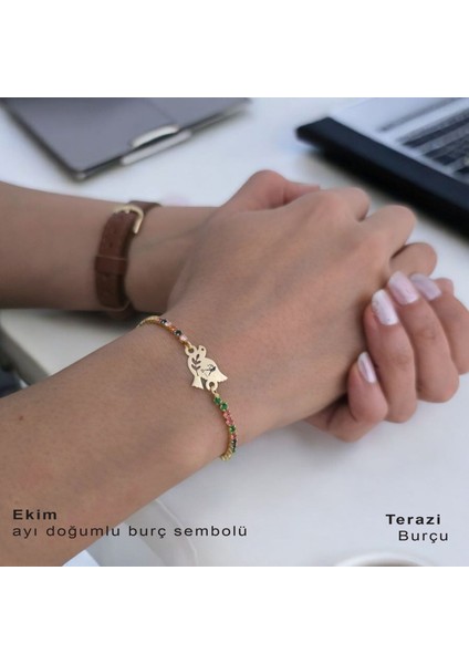 14 Ayar Altın Plakalı Kuş Motifli ve Renkli Taşlı Burç Sembollere Özel Bileklik fiyatları