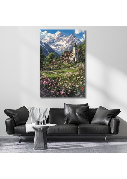 Kanvas Tablo Hd Dijital Baskı Karlı Dağlardaki Ev Salon Tablosu Modern Tablo