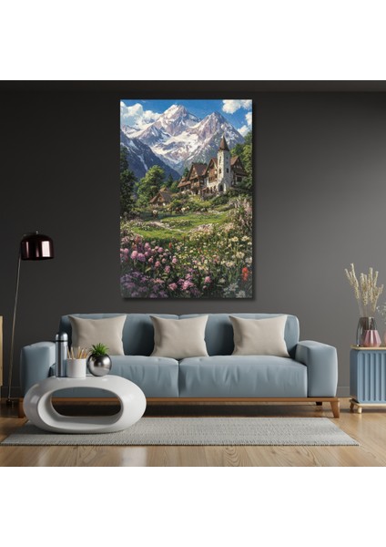 Kanvas Tablo Hd Dijital Baskı Karlı Dağlardaki Ev Salon Tablosu Modern Tablo