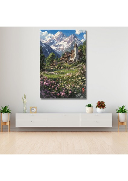 Kanvas Tablo Hd Dijital Baskı Karlı Dağlardaki Ev Salon Tablosu Modern Tablo