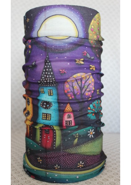 Renkli Çizim Ev Desenli Boyunluk Baf Bandana