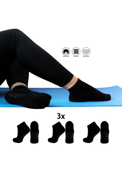 3 Çift Likralı Kaymaz Taban Abs Silikon Baskılı Yoga Fitness Pilates ve Hac Umre Tavaf Kadın Çorap