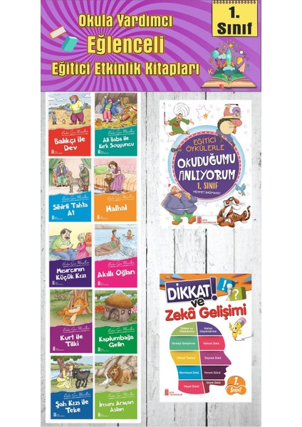 1. Sınıf Okula Yardımcı Eğitici Okuduğumu Anlıyorum - Dikkat ve Zeka Gelişimi - 10 Lu Hikaye Seti