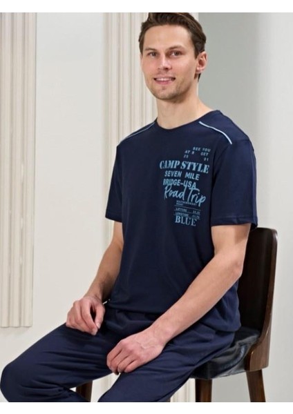 Erkek Sıfır Yaka Kısa Kollu Pijama Takımı