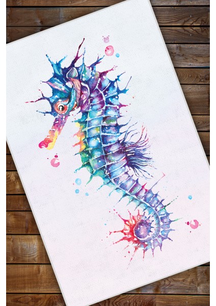 Deniz Atı Desenli Kaymaz Yıkanabilir Dijital Baskı Deniz Temalı Halı modelleri