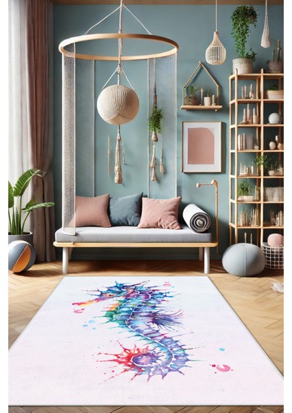 Deniz Atı Desenli Kaymaz Yıkanabilir Dijital Baskı Deniz Temalı Halı