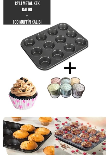 ( 2'li Kek Pişirme Seti ) 12'li Lmetal Muffin Kek Kalıbı+ 100 Adet Renkli Cupcake Kek Kalıbı