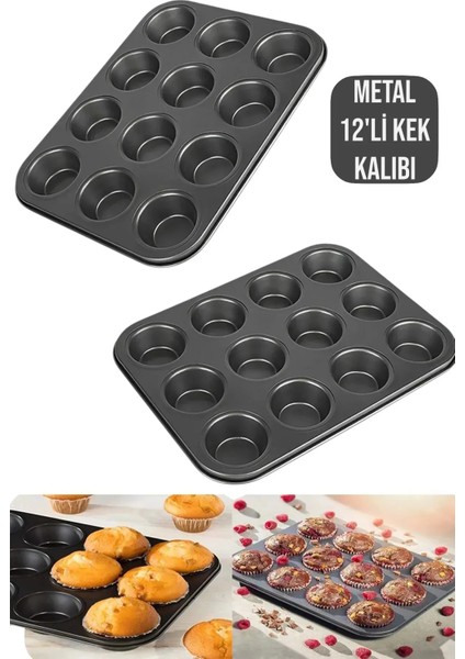 ( 2'li Kek Pişirme Seti ) 12'li Lmetal Muffin Kek Kalıbı+ 100 Adet Renkli Cupcake Kek Kalıbı