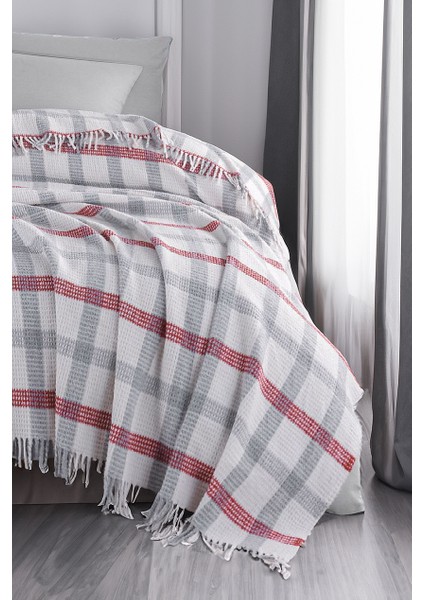 Battaniye Pamuklu Tek Kişilik Warm Soft Gri-Kırmızı