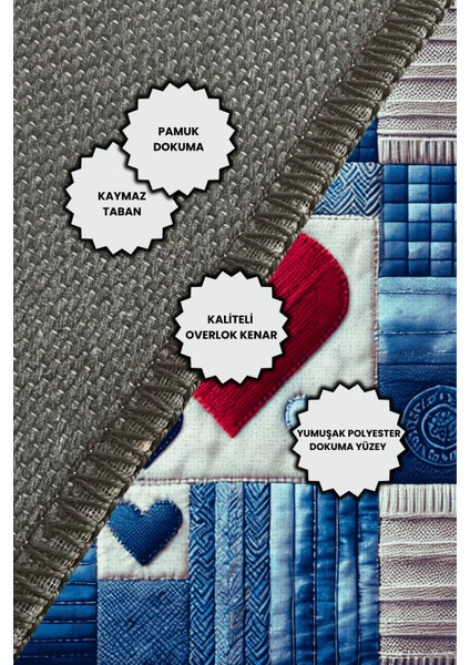 Patchwork Jean Görünümlü Kalpli Kaymaz Tabanlı Yıkanabilir Dijital Baskılı Halı indirimleri