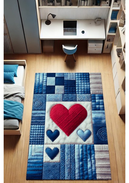 Patchwork Jean Görünümlü Kalpli Kaymaz Tabanlı Yıkanabilir Dijital Baskılı Halı