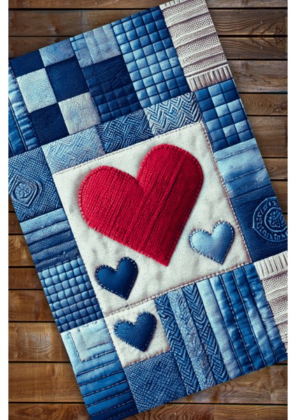 Patchwork Jean Görünümlü Kalpli Kaymaz Tabanlı Yıkanabilir Dijital Baskılı Halı