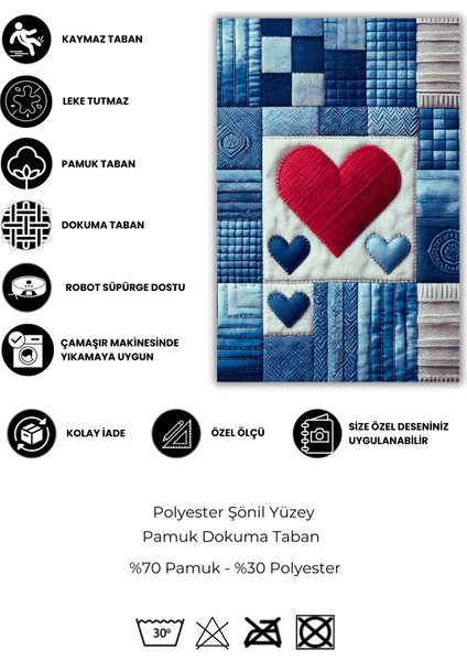 Patchwork Jean Görünümlü Kalpli Kaymaz Tabanlı Yıkanabilir Dijital Baskılı Halı