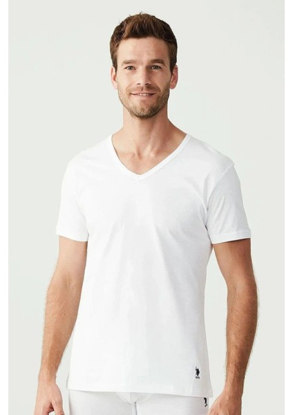 90001 Erkek Beyaz Pamuklu Battal Beden 2 Li V Yaka T-Shirt