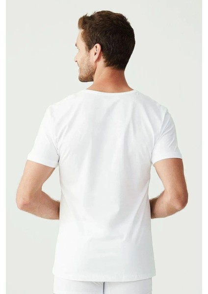 90001 Erkek Beyaz Pamuklu Battal Beden 2 Li V Yaka T-Shirt