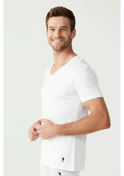 90001 Erkek Beyaz Pamuklu Battal Beden 2 Li V Yaka T-Shirt