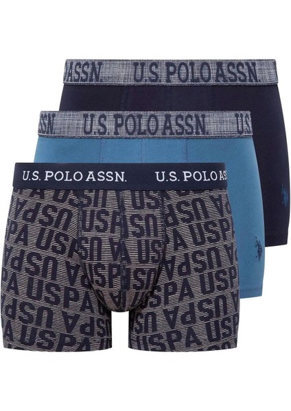 80503 Erkek Indigo-Baskılı-Lacivert Pamuklu 3 Lü Boxer