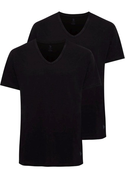 90001 Erkek Siyah Pamuklu Battal Beden 2 Li V Yaka T-Shirt
