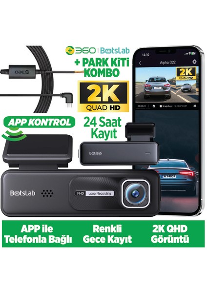 Botslab HK30 Pro 2K QHD WiFi 140° Geniş Açı Gece Görüşlü Akıllı Araç İçi Kamera+ Park Modu Bağlantı Kablosu Combo