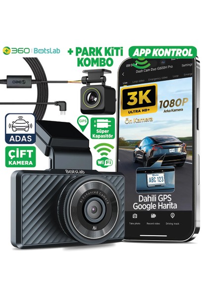 Botslab G500H Pro ADAS Ön 3K QHD -Arka 1080P FHD 150° Geniş Açı WiFi+GPS Araç İçi Kamera +Park Modu Combo