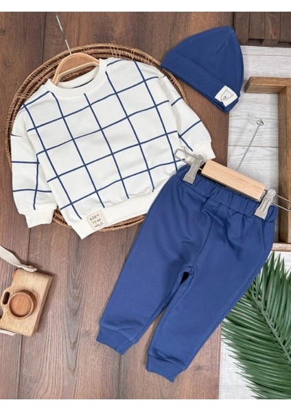 Lacivert Mevsimlik Bayramlık Ekoseli Pamuklu Şapkalı Erkek Bebek Takım